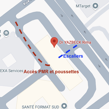 carte montrant les deux accès possibles à l'immeuble actys 1, l'accès escalier par la rue l'occitane à l'avant de l'immeuble et l'accès rampe par la rue carmin à l'arrière de l'immeuble.